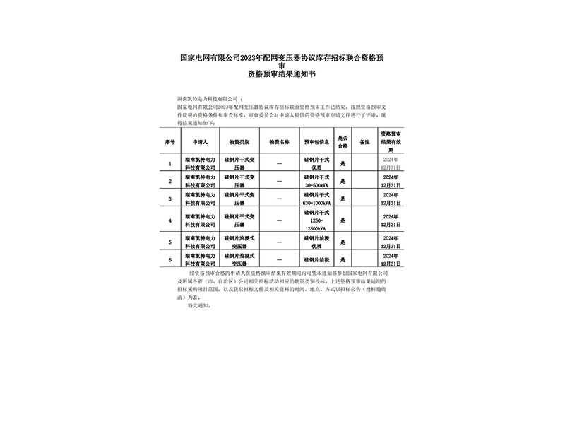 變壓器資格預審結果通知書